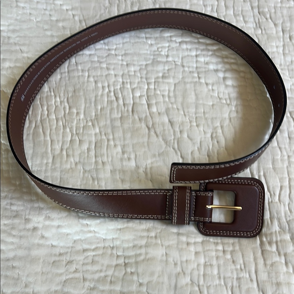 H&M Brown Leather look  Belt with covered Buckle and Stitching nwot